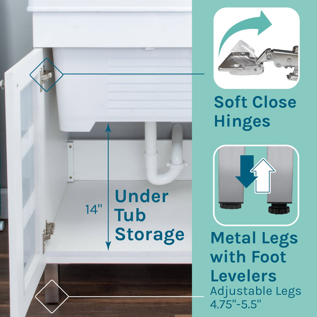 Tehila White Vanity Cabinet and White Utility Sink with Black Finish Pull-Out Faucet