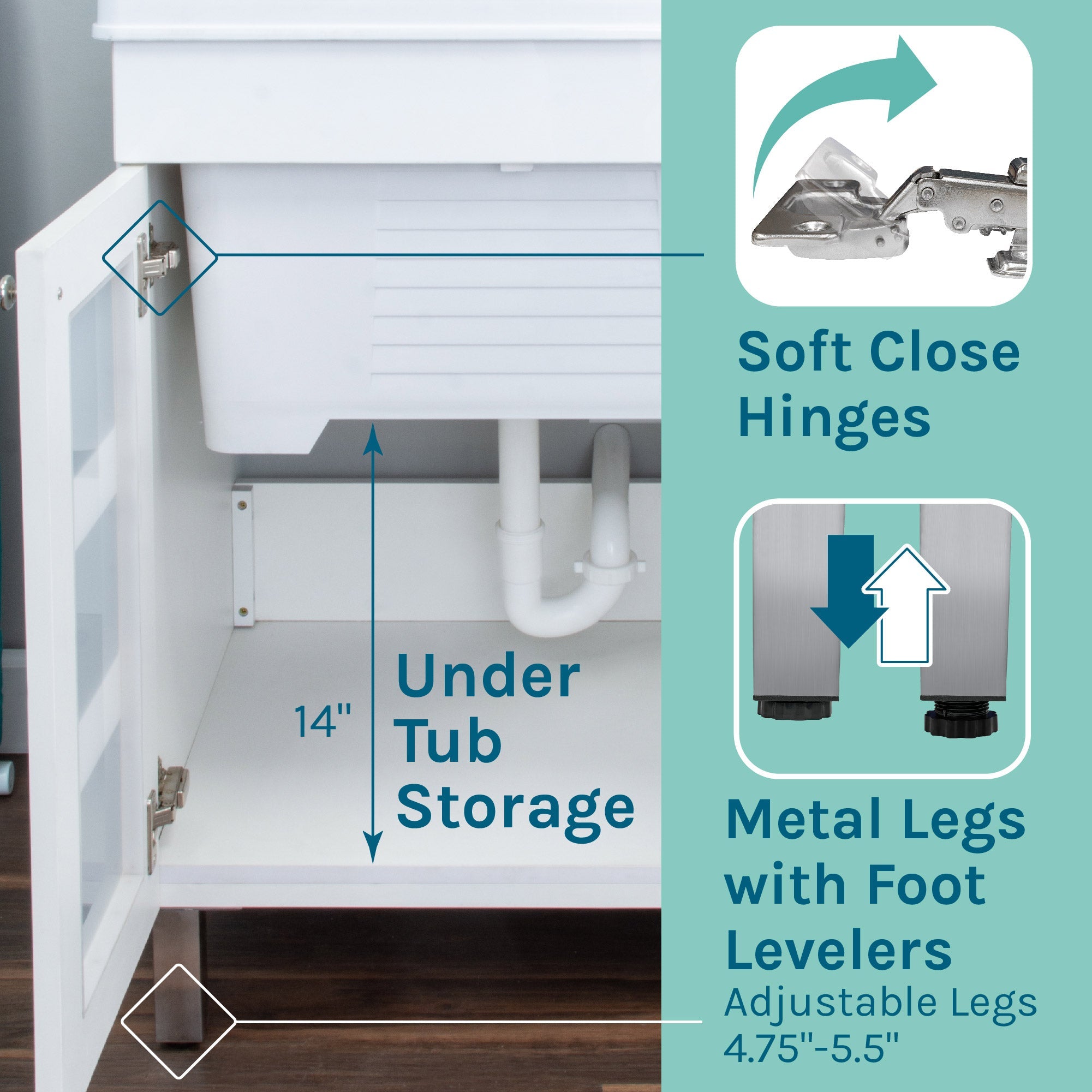 Tehila White Vanity Cabinet and White Utility Sink with Black Finish Pull-Out Faucet