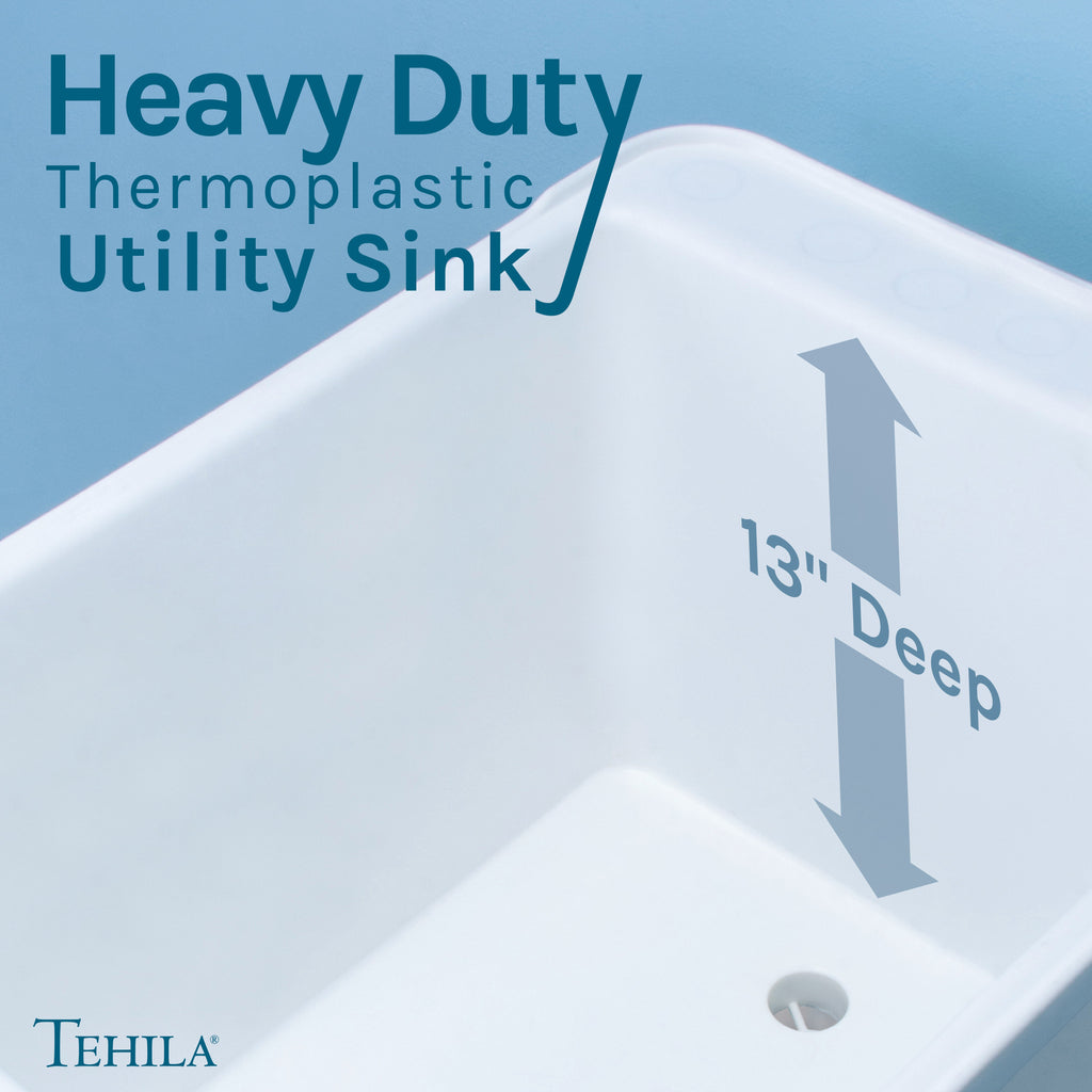 Tehila Space Saver Freestanding White Utility Sink with Chrome Finish Pull-Out Faucet