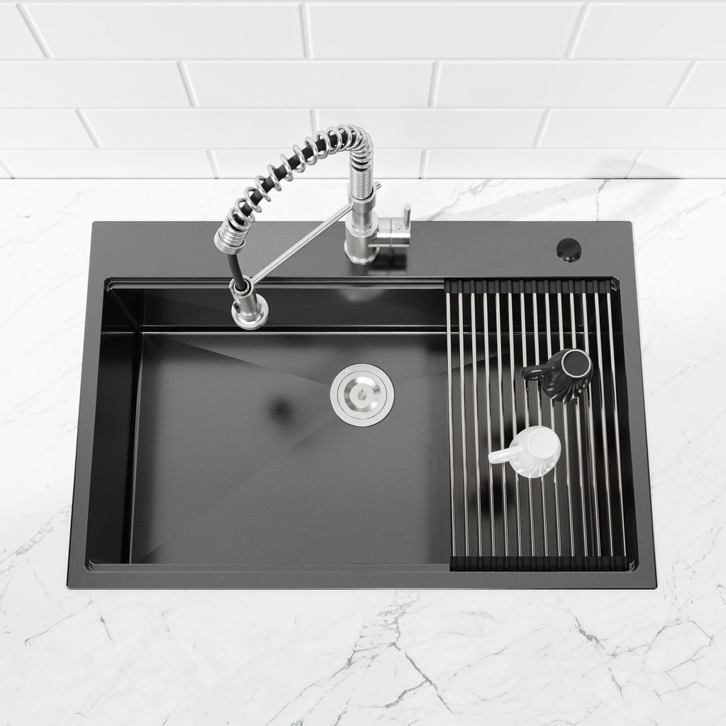 Stainless Steel Kitchen Sink, 33″x22″ Single Bowl, Overmount Handmade Sink in Black, with Cutting Board, Colander
